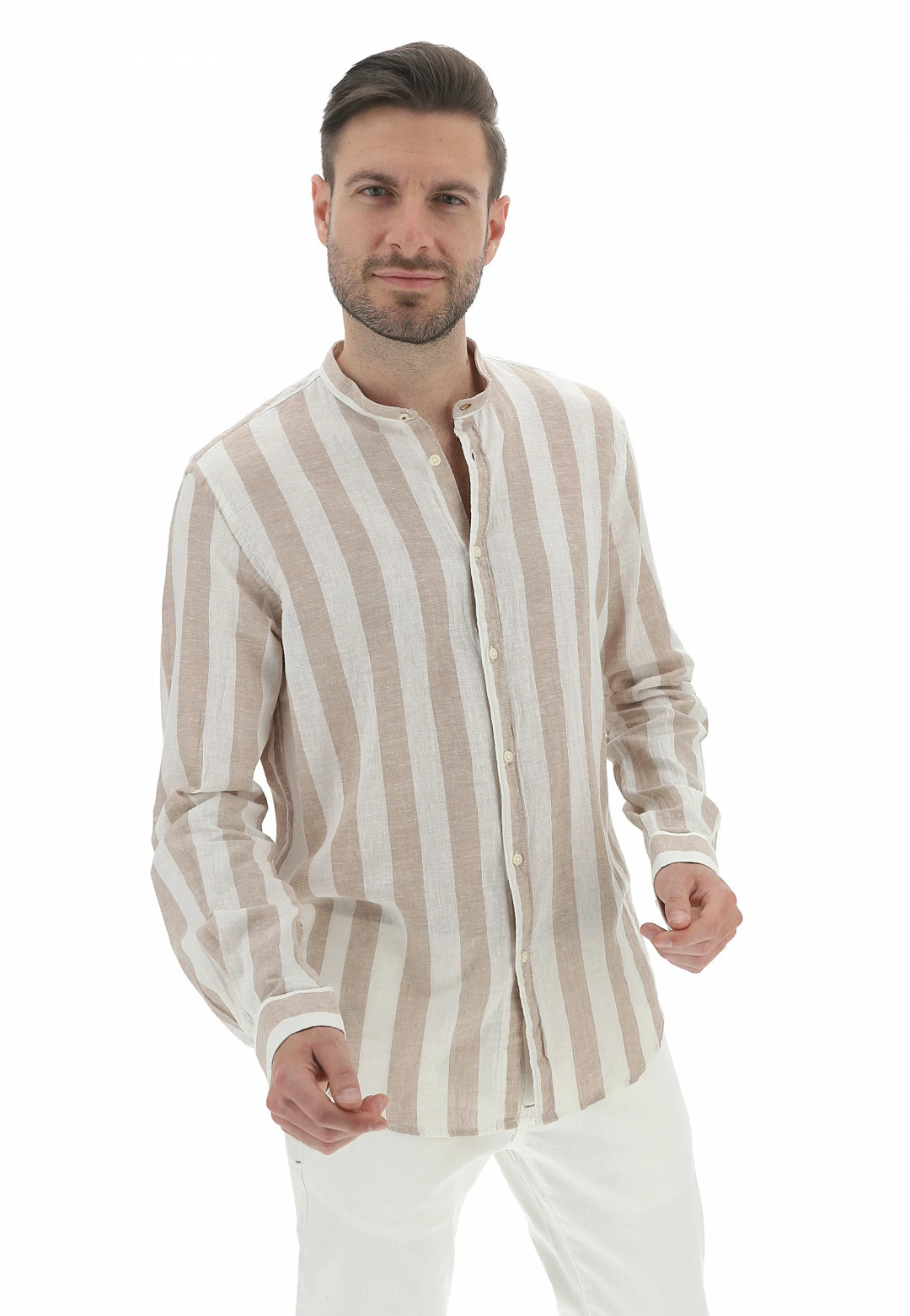 Camicia Coreana Age Uomo Rigata In Misto Lino E Cotone 3 Camicia Coreana Age Uomo Rigata In Misto Lino E Cotone