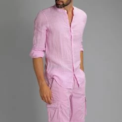 Camicia Coreana In Lino Tinta Unita Age Uomo