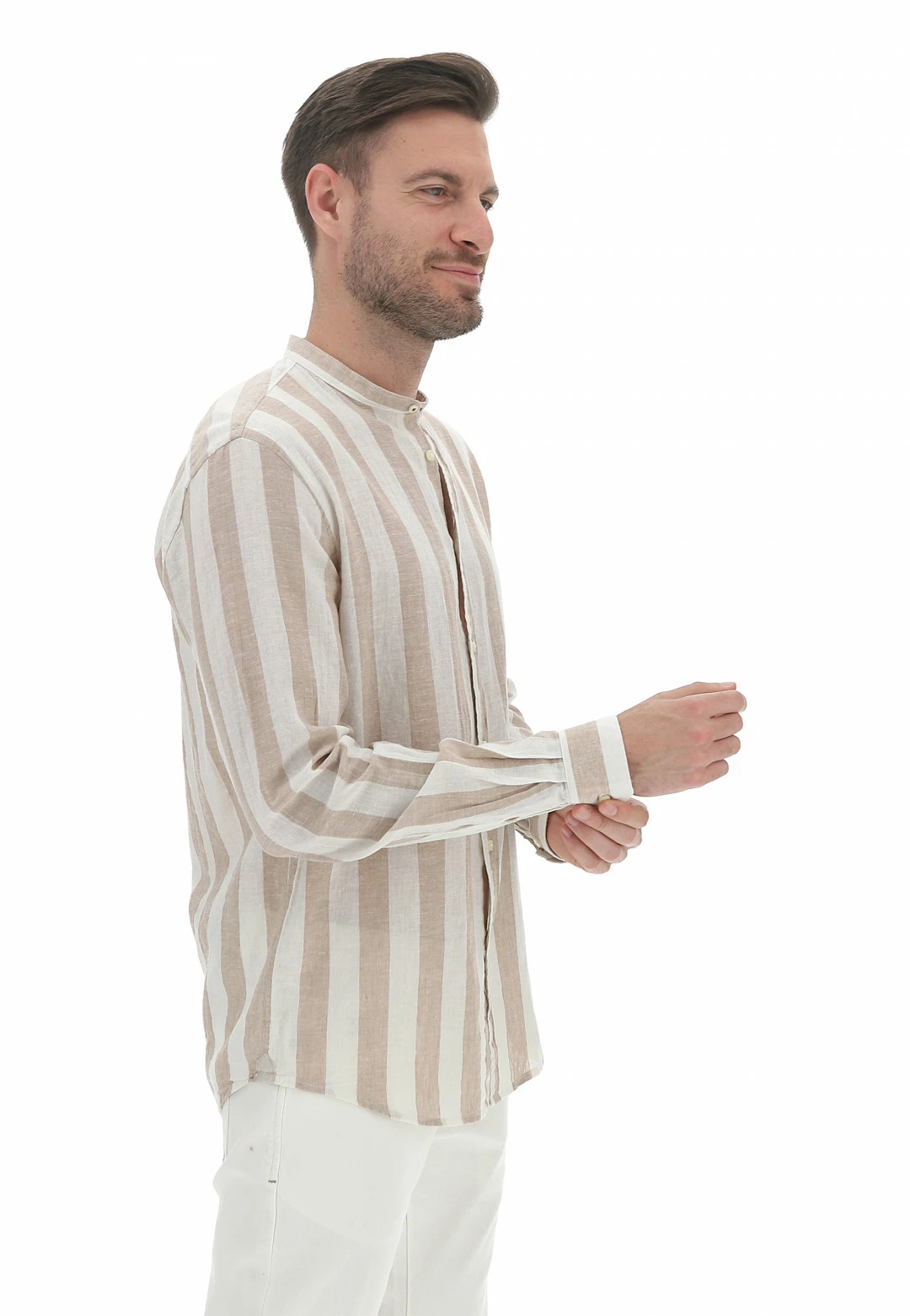 Camicia Coreana Age Uomo Rigata In Misto Lino E Cotone 4 Camicia Coreana Age Uomo Rigata In Misto Lino E Cotone - immagine 2