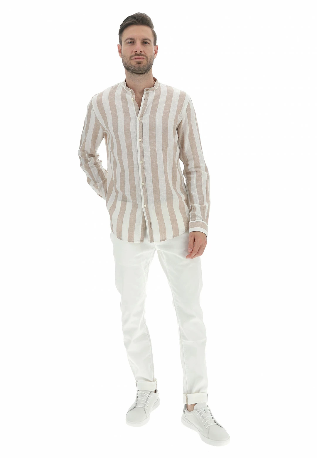 Camicia Coreana Age Uomo Rigata In Misto Lino E Cotone 6 Camicia Coreana Age Uomo Rigata In Misto Lino E Cotone - immagine 4